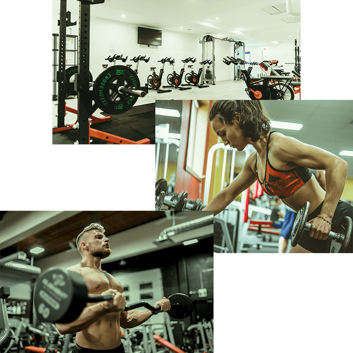 Inside of a gym, woman exercising, and man exercising